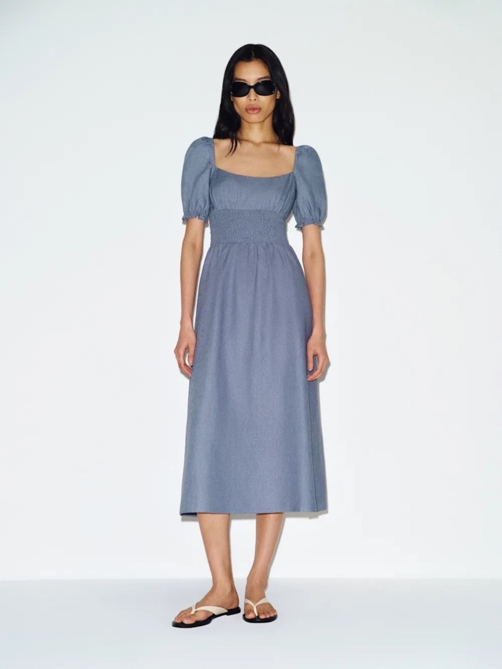 NEW Reformation Adler Linen Midi Smocked Puff Sleeve Dress Cornflower Blue US 0